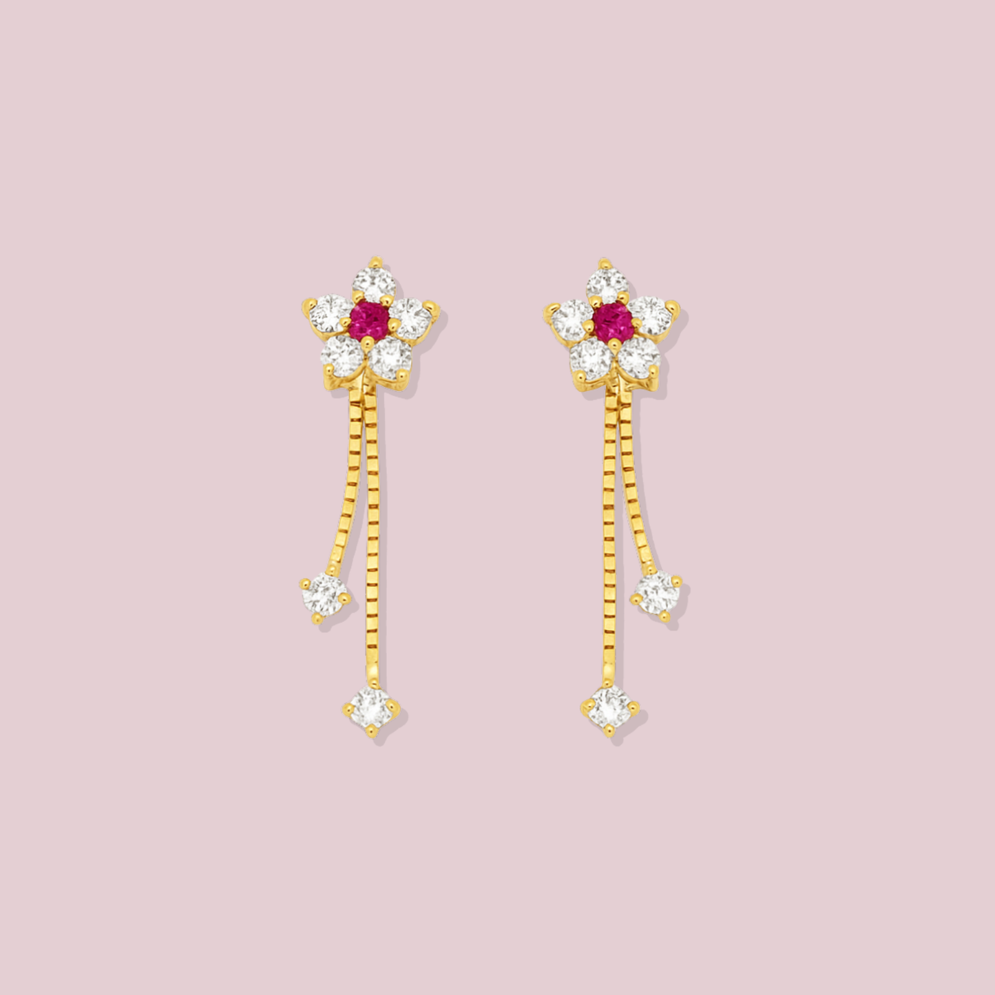 14K Solid Gold Flower Dangle Stud Earrings.