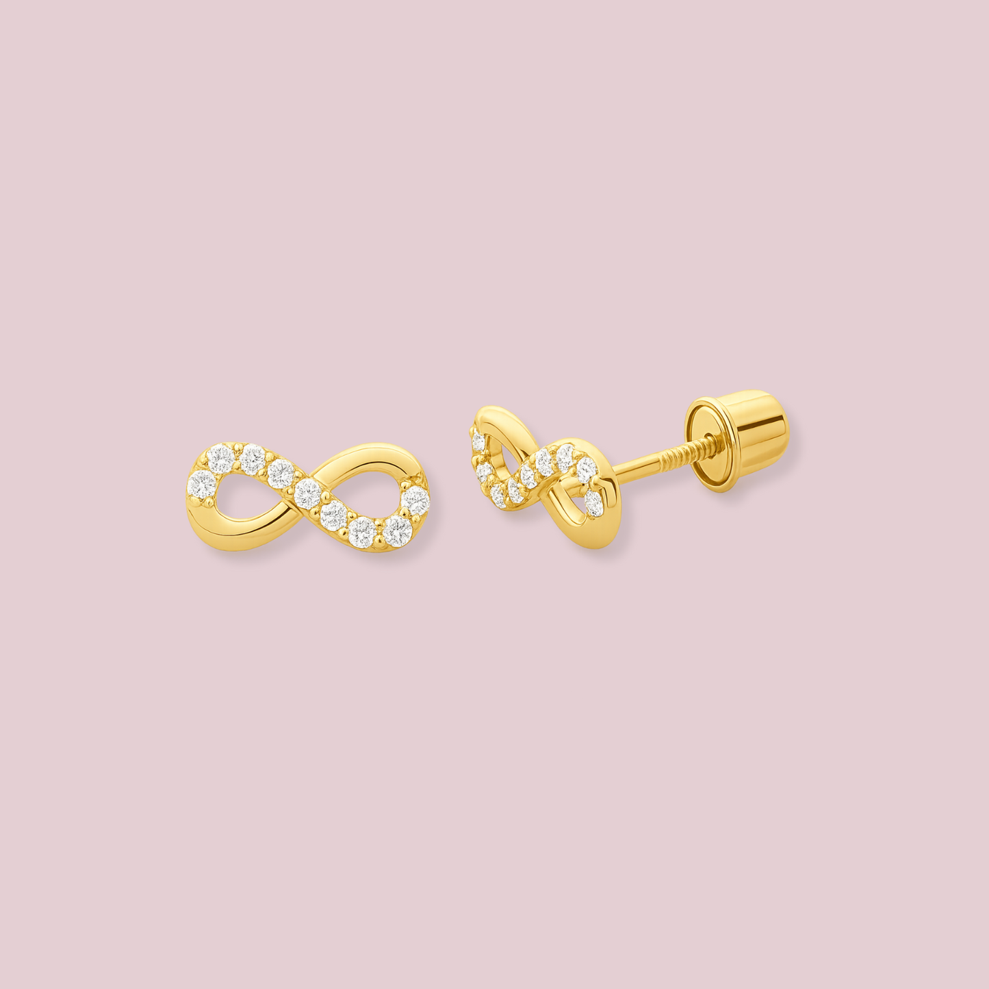 14K Solid Gold Infinity Stud Earrings.