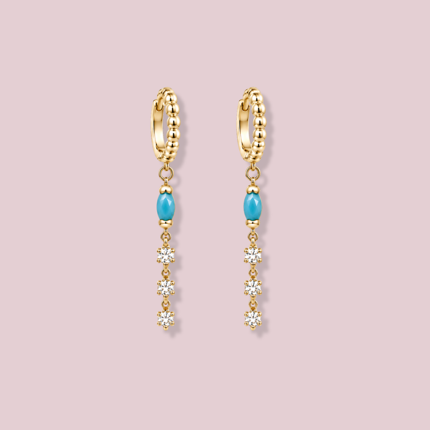 14K Solid Gold Turquoise Hoop Earrings.