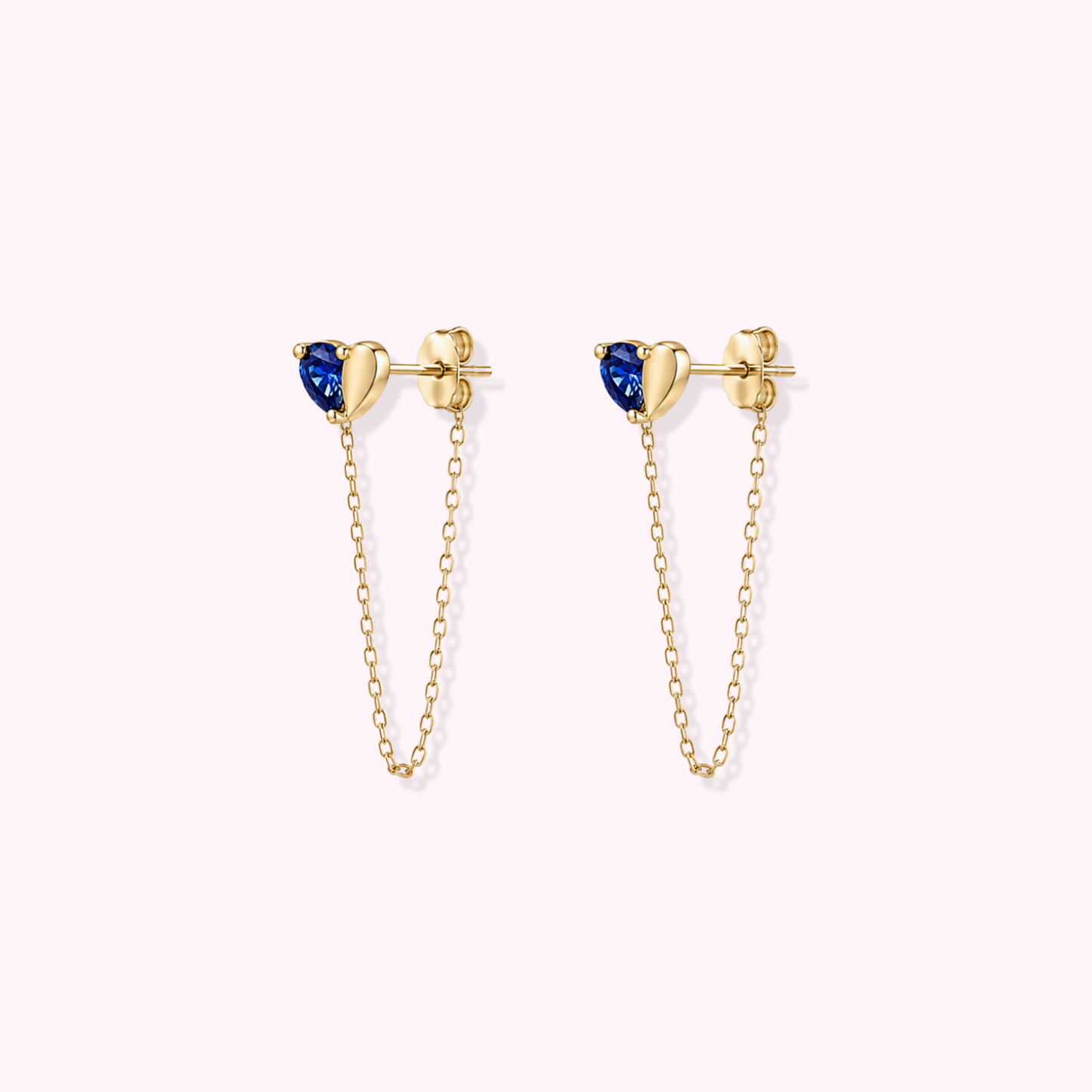 14K Solid Gold CZ Blue Heart Chain Earrings