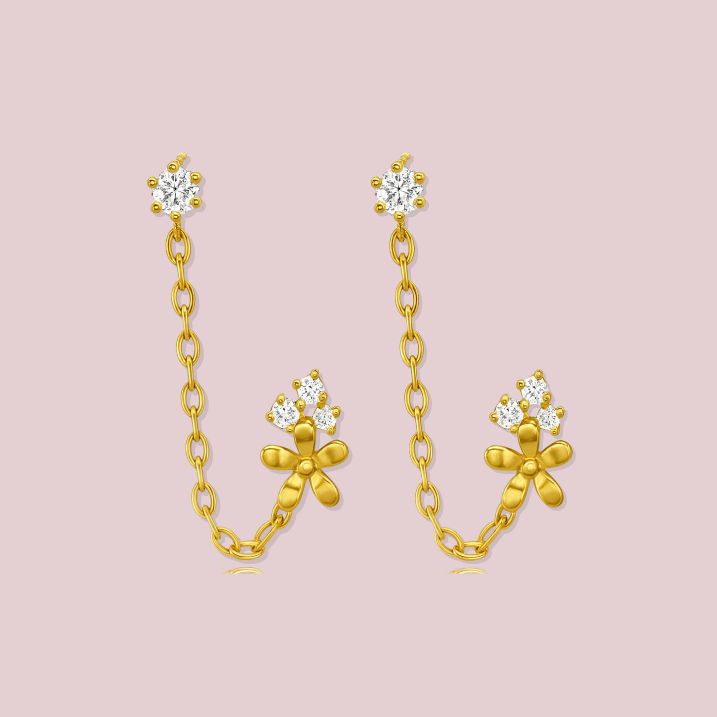 14K Solid Gold Doble Flower Chain Earrings.