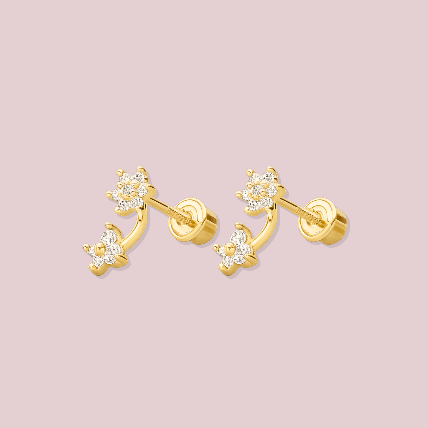14K Solid Gold Two Flower Stud Earrings.