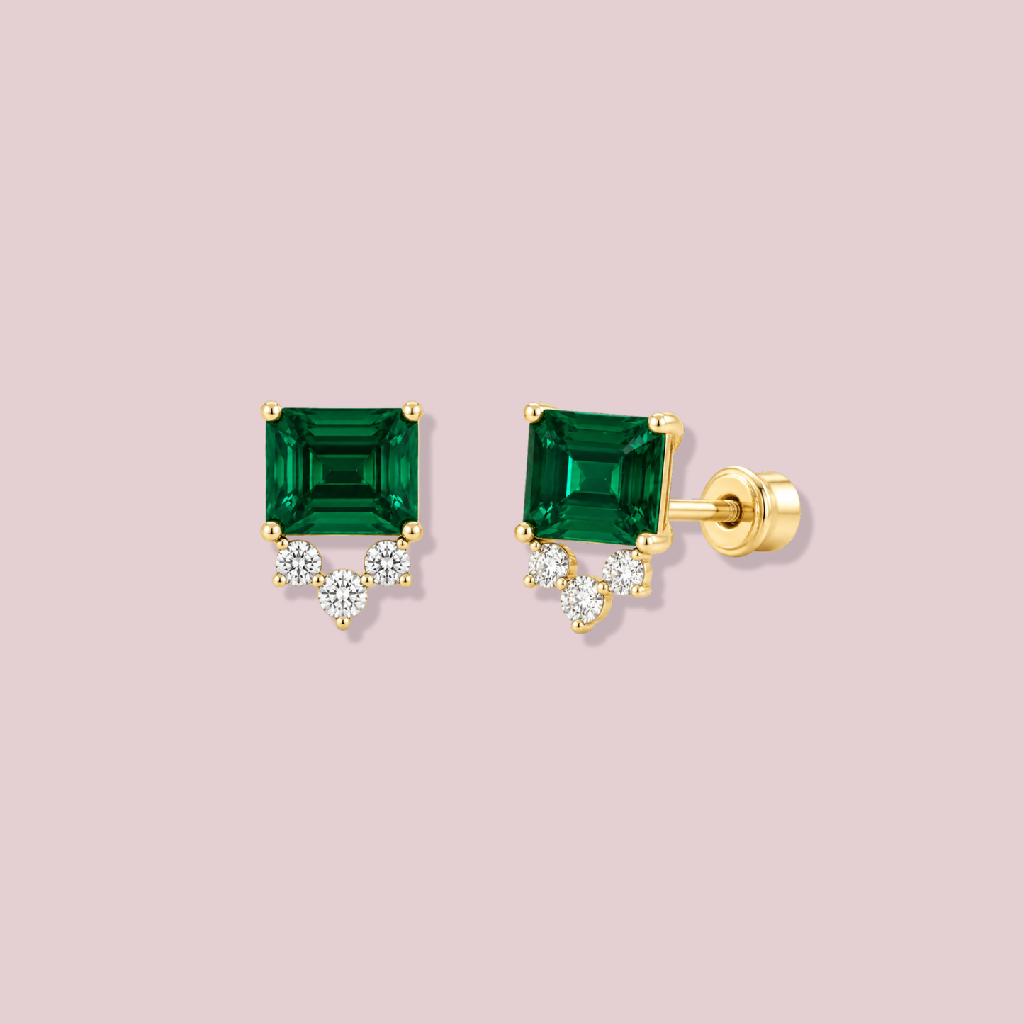 14K Solid Gold Green Baguette Earrings