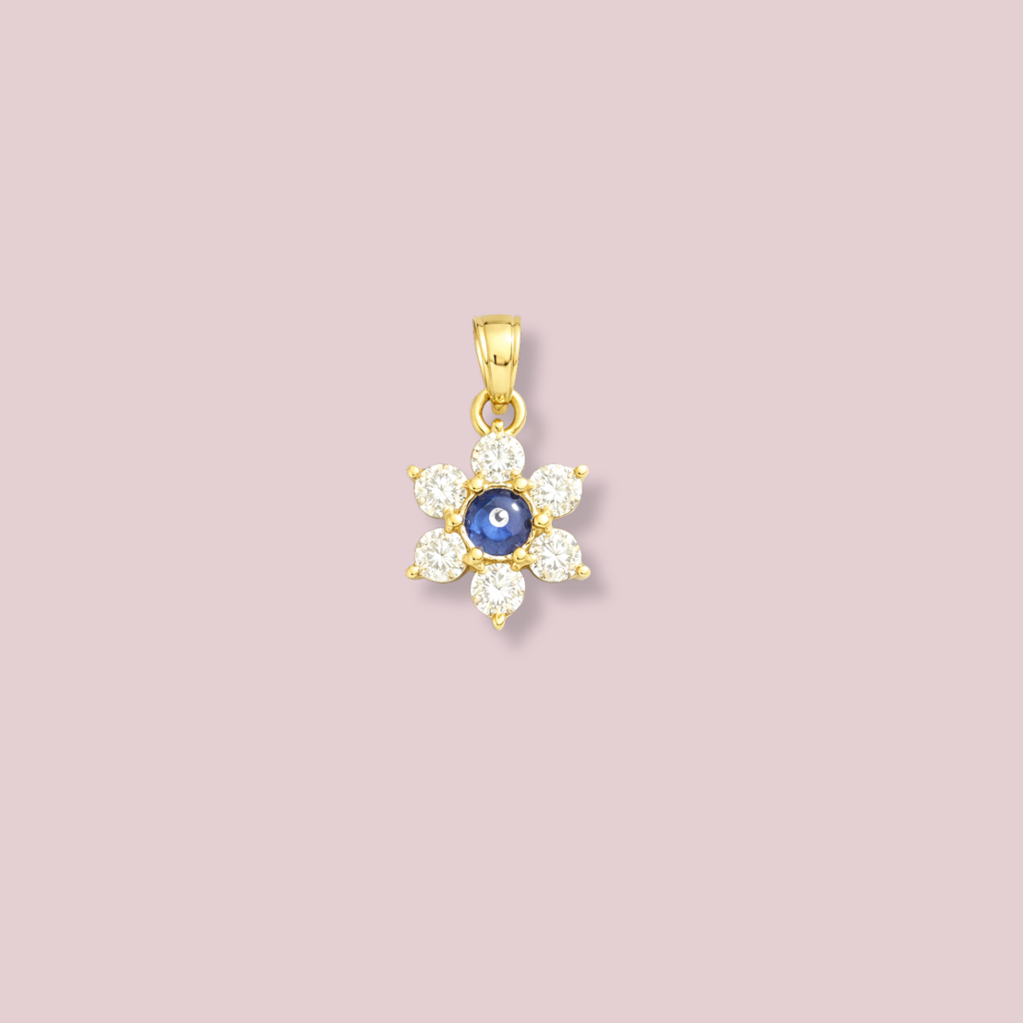 10K Solid Gold Flower with Evil Eye Pendant.