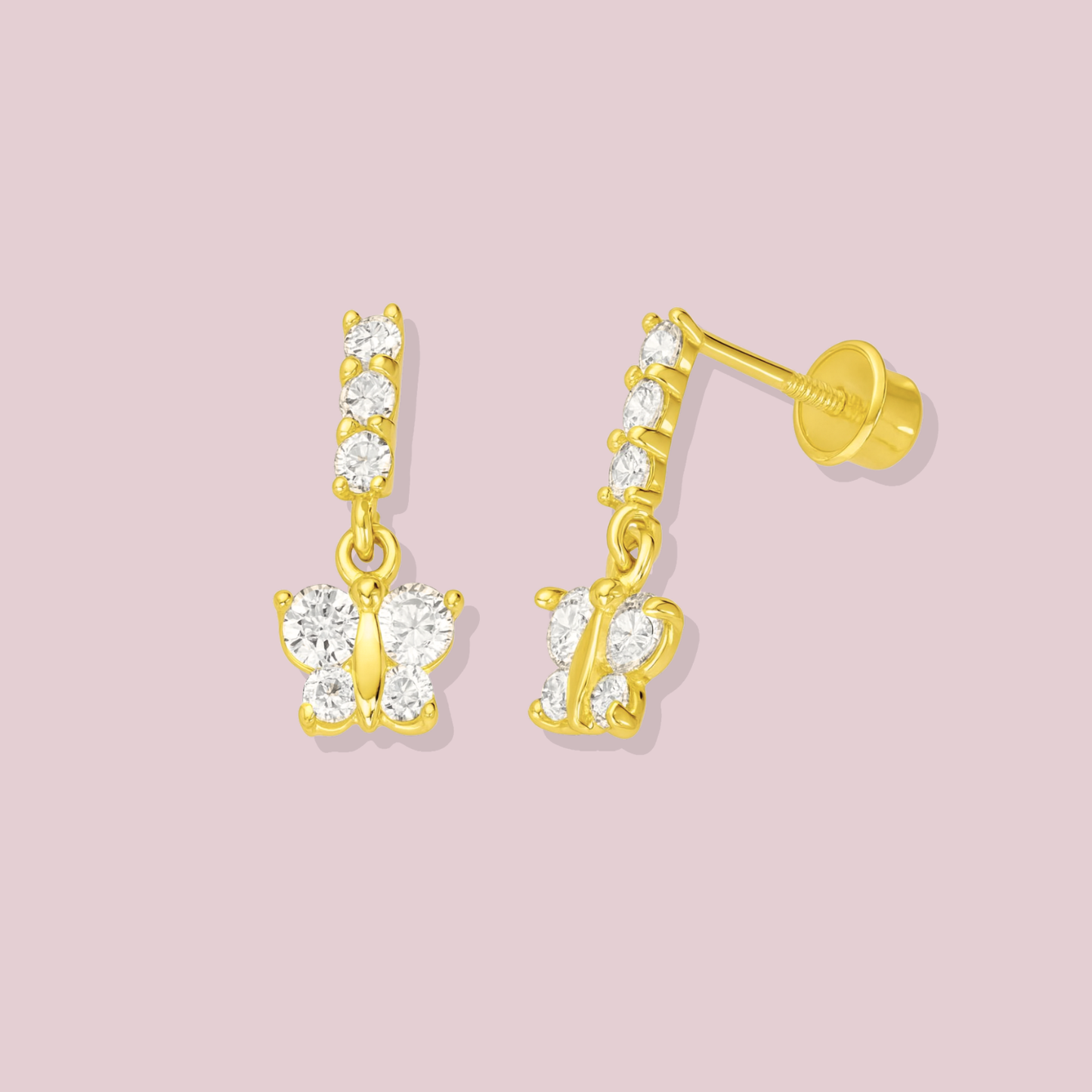 14K Solid Gold Butterfly Dangle Stud Earrings.