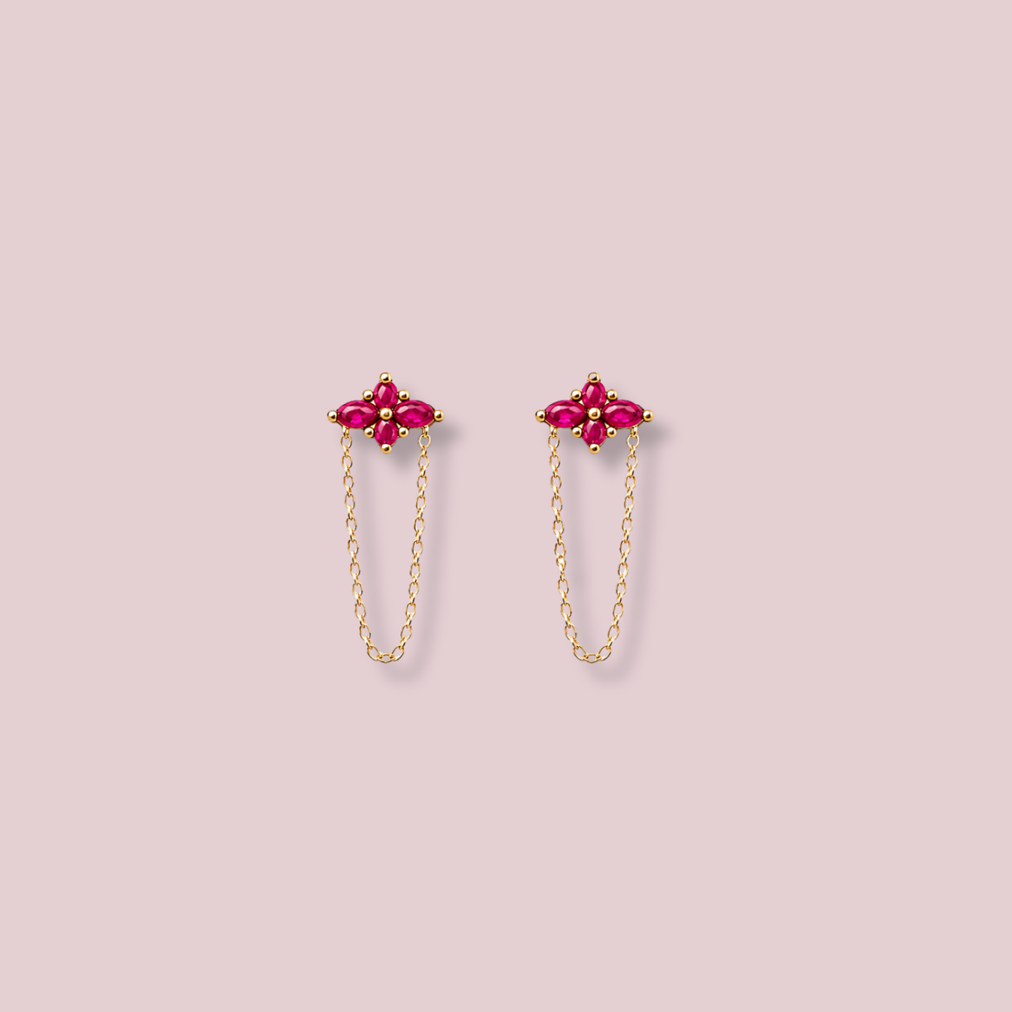 14K Solid Gold Fucsia Chain Earrings.