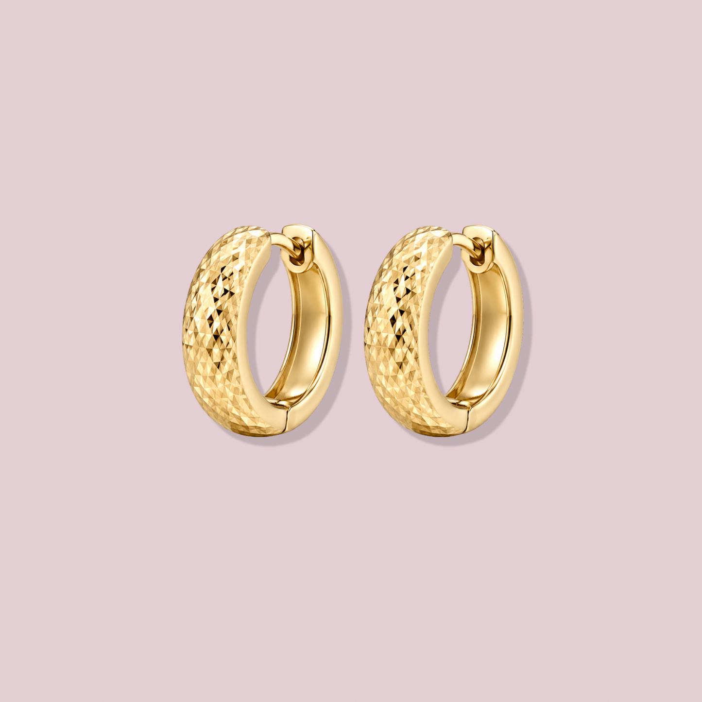 14K Solid Gold Diamond Cut Hoop Earrings.