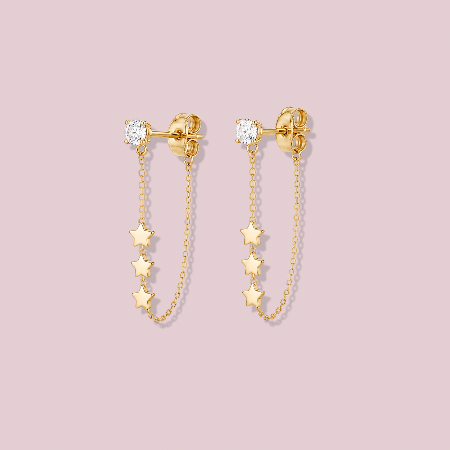 14K Solid Gold Stars Chain Earrings