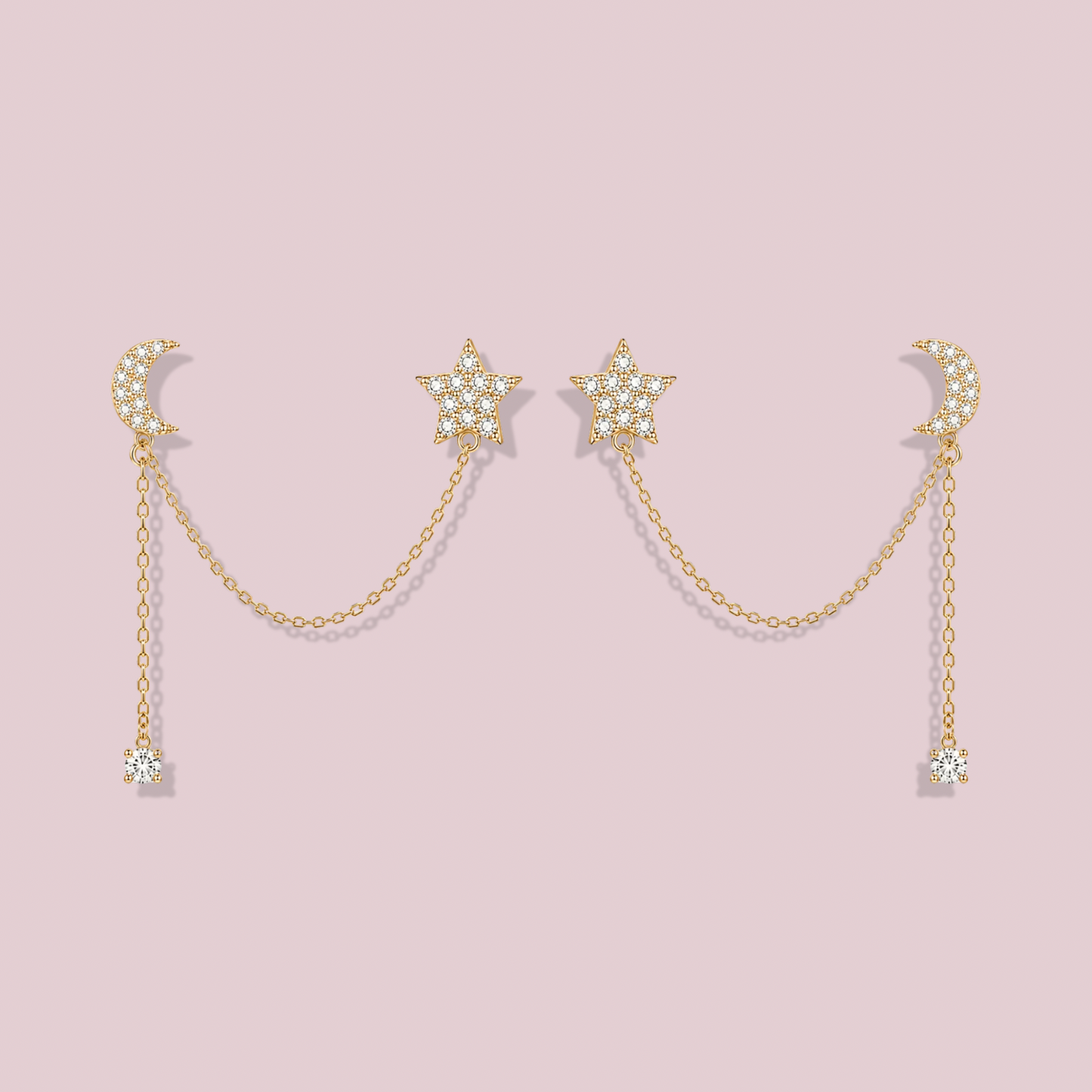 14K Solid Gold Moon and Star Double Chain Earrings