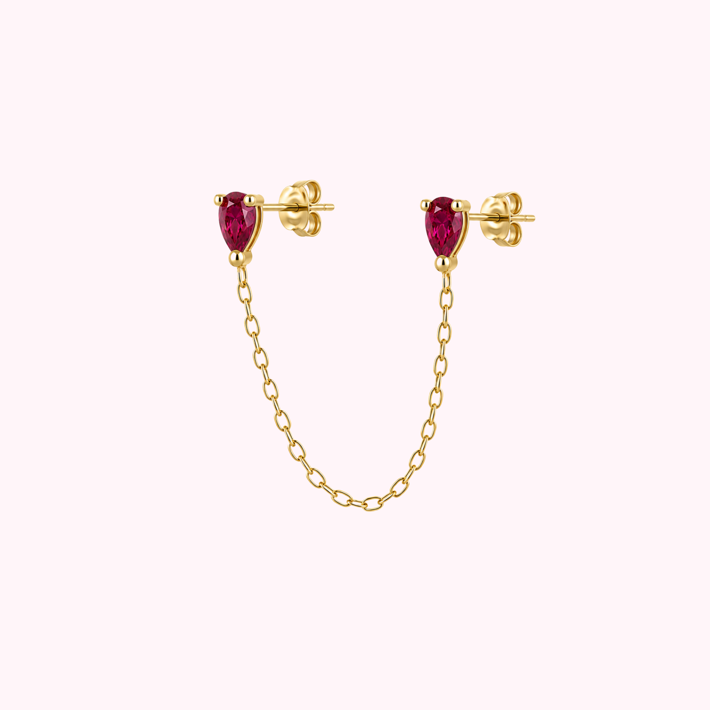 14K Solid Gold Fuchsia Pear Double Chain Earrings