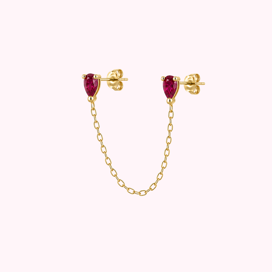 14K Solid Gold Fuchsia Pear Double Chain Earrings