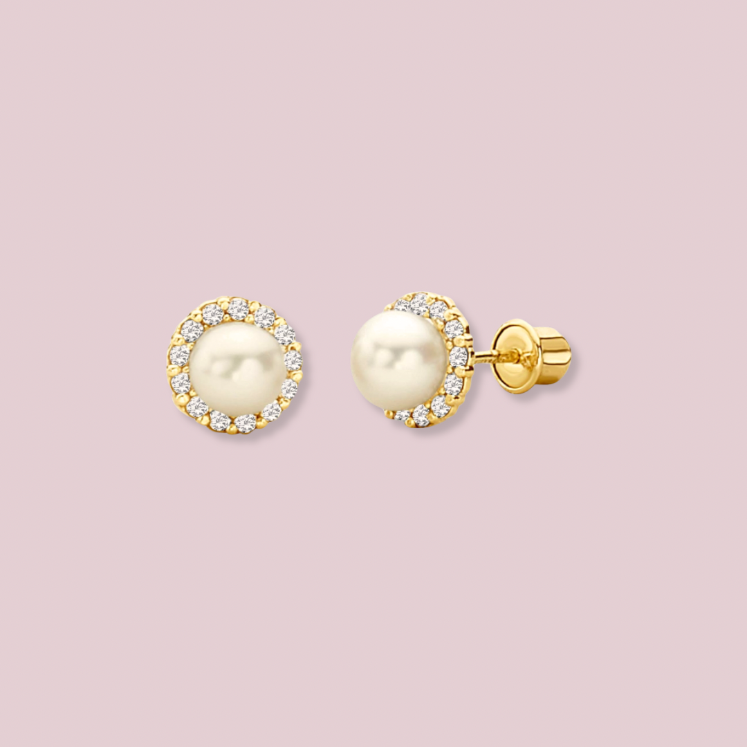 14K Solid Gold CZ Freshwater Cultured Pearl Stud Earrings