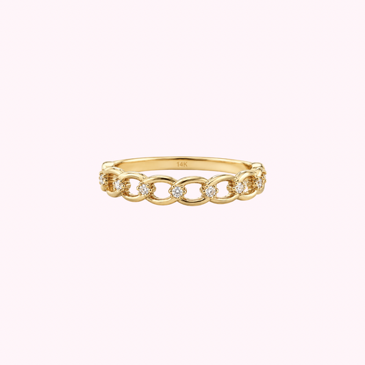 14K Solid Gold CZ Curb Chain Ring
