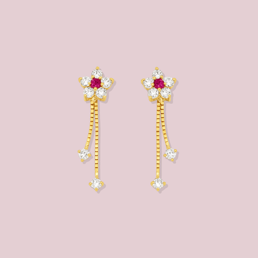 14K Solid Gold Flower Dangle Stud Earrings.