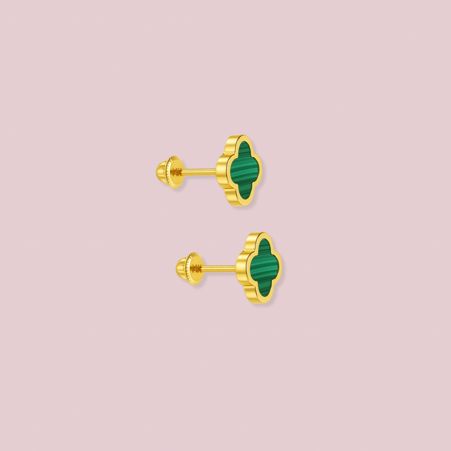 14K Solid Gold Clover Malaquita Earrings