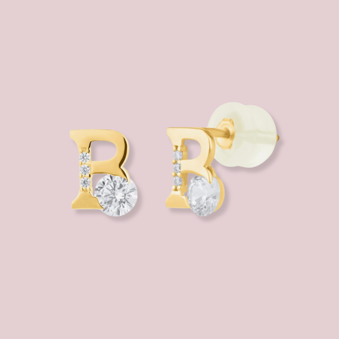 14k Solid Gold Letters CZ earrings