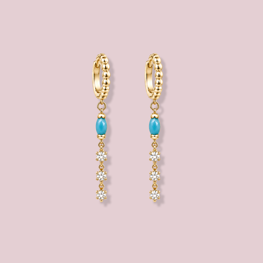 14K Solid Gold Turquoise Hoop Earrings.