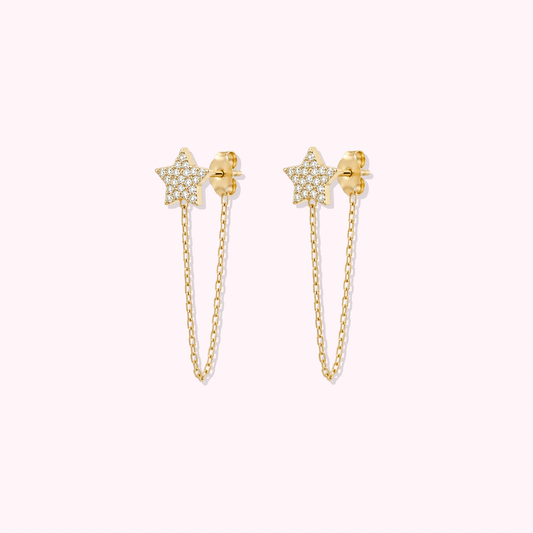14K Solid Gold Star Chain Earrings