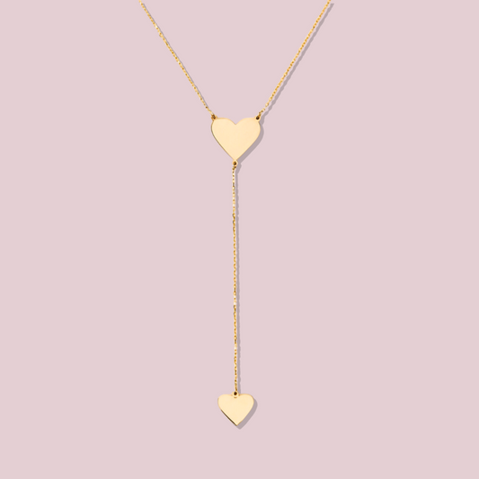 14k Solid Gold Two Heart Y Necklace