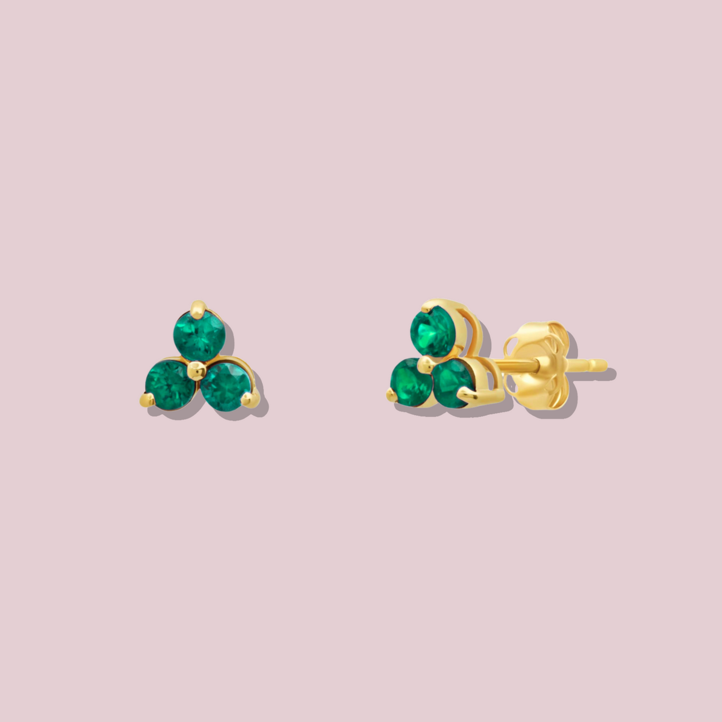 14K Solid Gold Trio Emerald Post Earrings