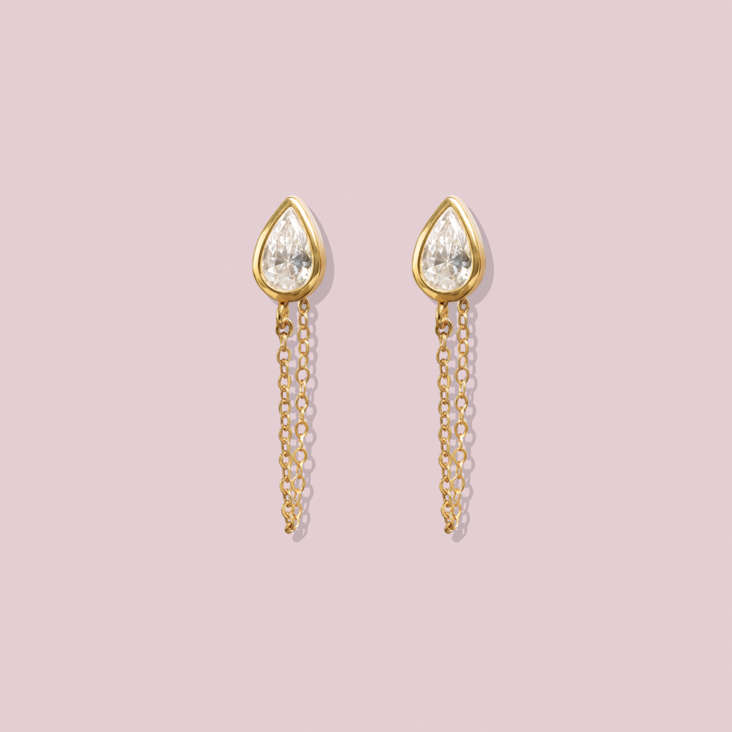14K Solid Gold CZ Pear Earring with Chain.