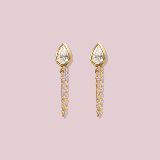 14K Solid Gold CZ Pear Earring with Chain.