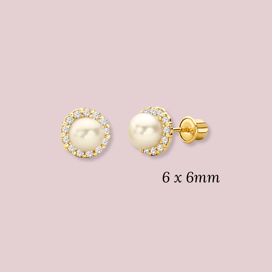 14K Solid Gold CZ Freshwater Cultured Pearl Stud Earrings