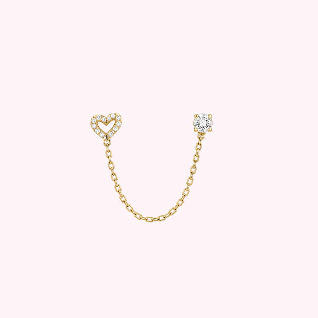 14K Solid Gold CZ Heart Double Stud Earrings