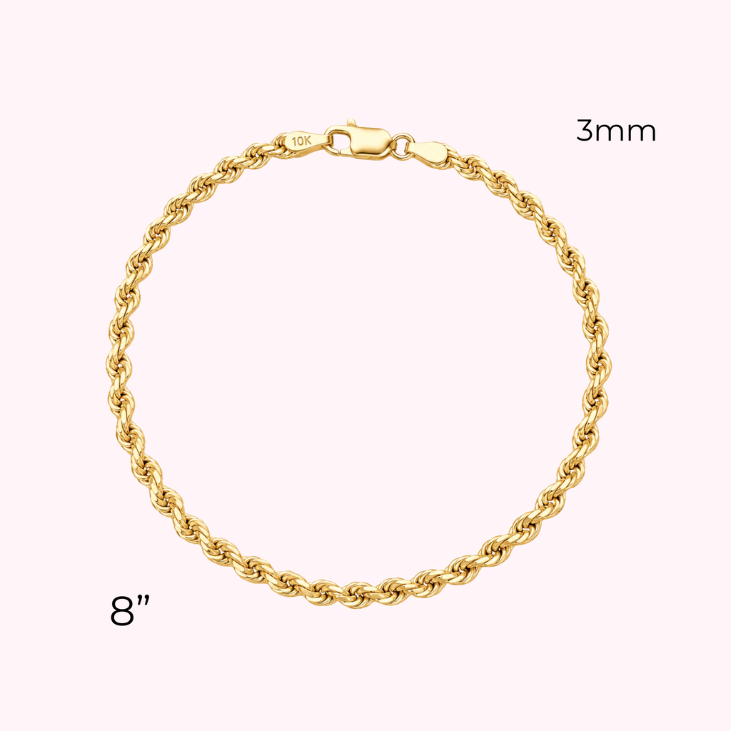 10K Semi Solid Rope Bracelet 3mm