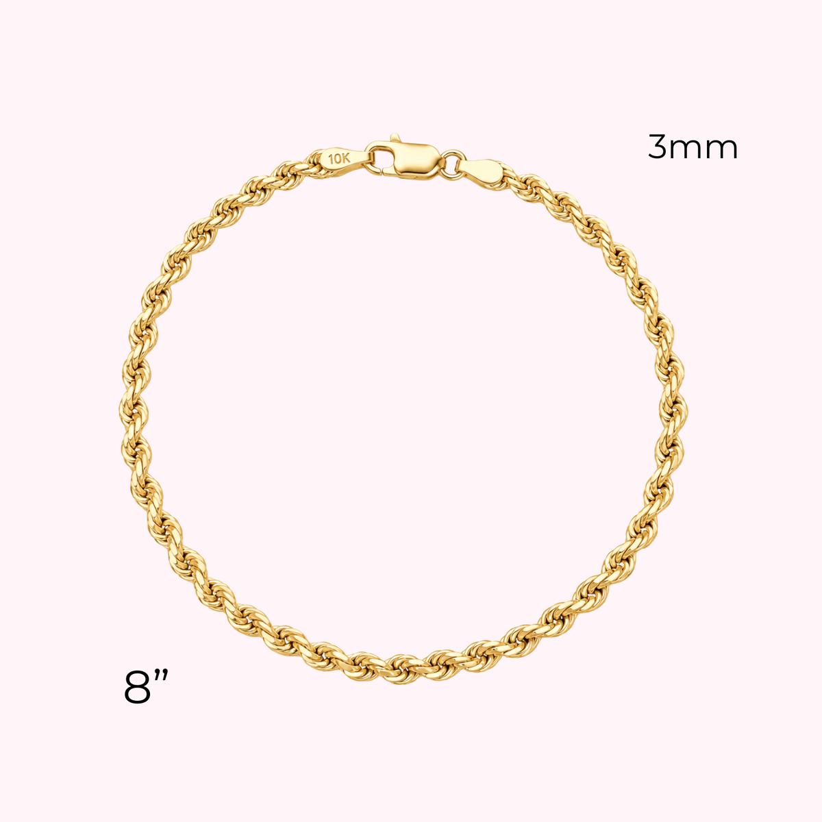 10K Semi Solid Rope Bracelet 3mm
