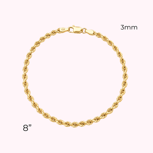 10K Semi Solid Rope Bracelet 3mm