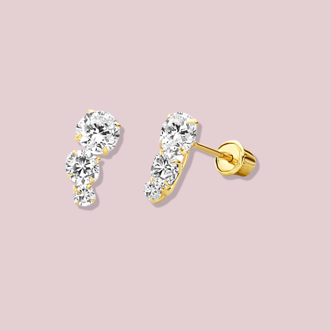 14k Solid Gold triple CZ Post Earrings