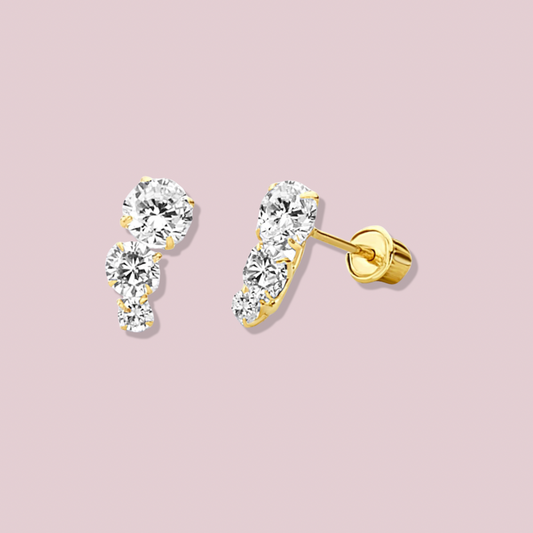 14k Solid Gold triple CZ Post Earrings