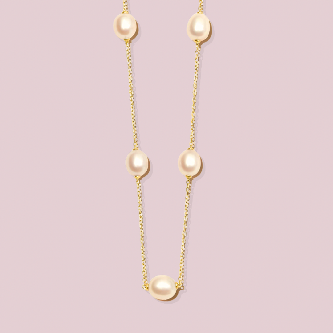 14K Solid Gold Pearl Station Necklace