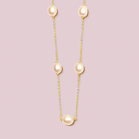 14K Solid Gold Pearl Station Necklace