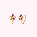 10K Solid Gold CZ Multicolor Flowers Hoops