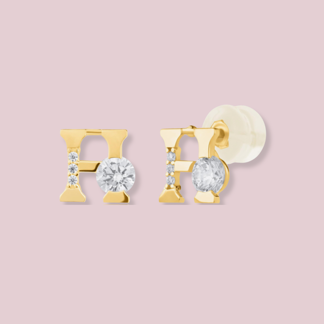 14k Solid Gold Letters CZ earrings