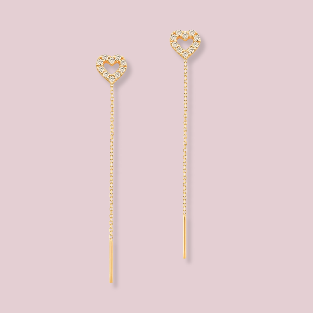 14k Solid Gold Drop Heart Earrings