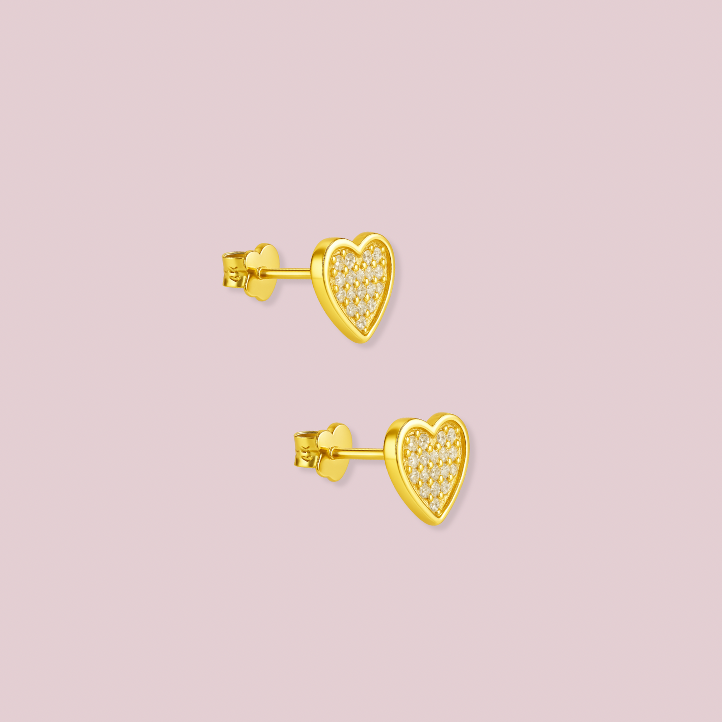 14K Solid Gold CZ Heart Stud Earrings.