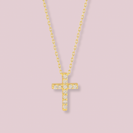 14K Solid Gold Diamond Cross Necklace