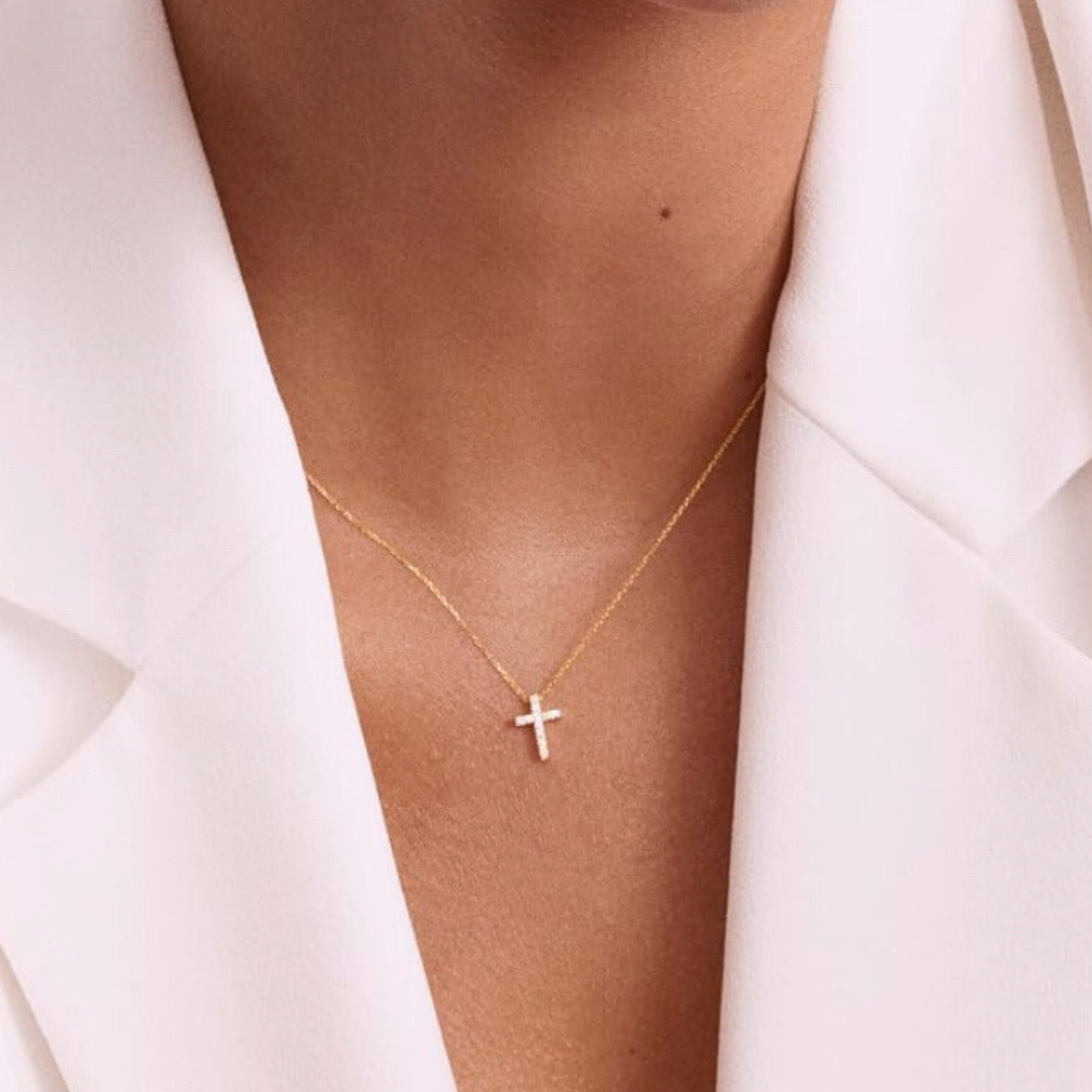 14K Solid Gold Diamond Cross Necklace