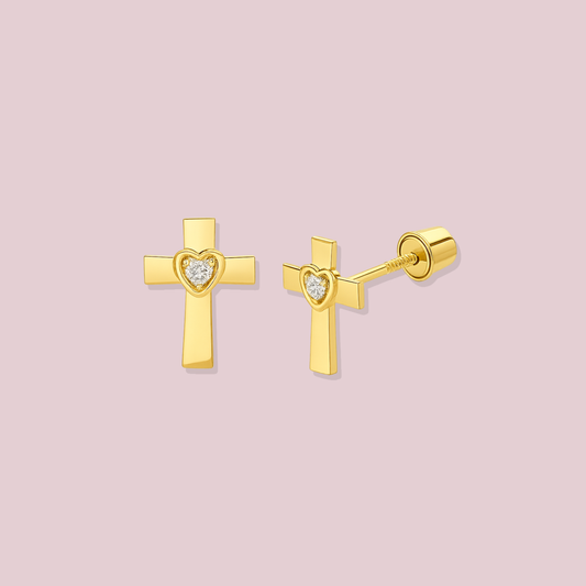 14K Solid Gold CZ Cross Stud Earrings.