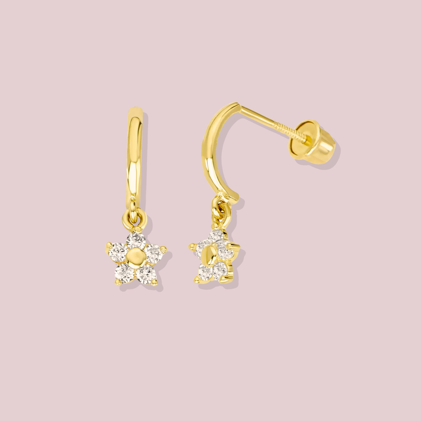 14K Solid Gold Flower Dangle Stud Earrings.