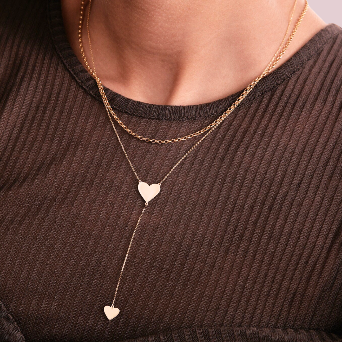 14k Solid Gold Two Heart Y Necklace