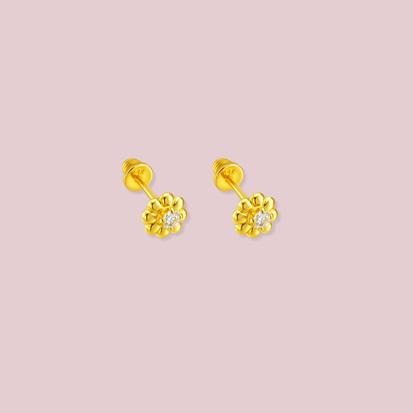 14K Solid Gold Sunflower Baby Earrings
