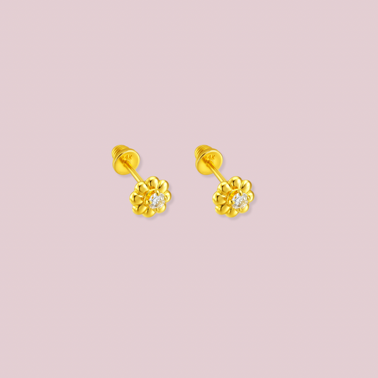 14K Solid Gold Sunflower Baby Earrings