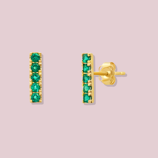 14K Solid Gold Emerald Bar Earrings