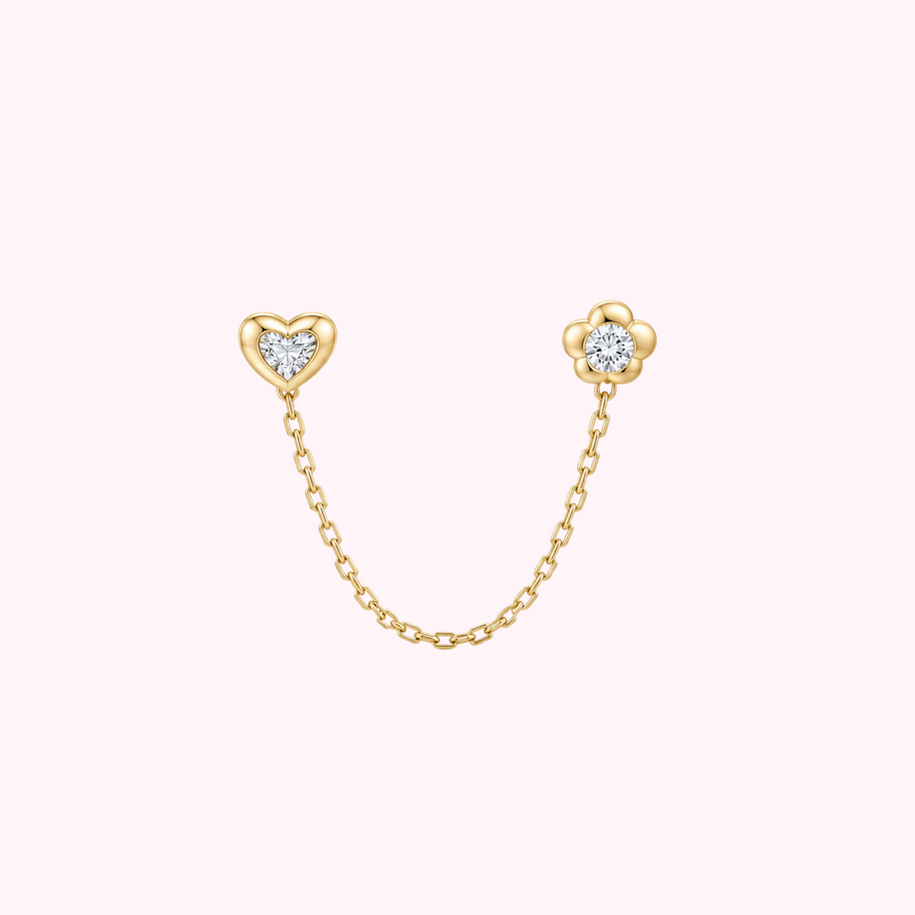 14K Solid Gold Heart & Flower Double Stud Earrings