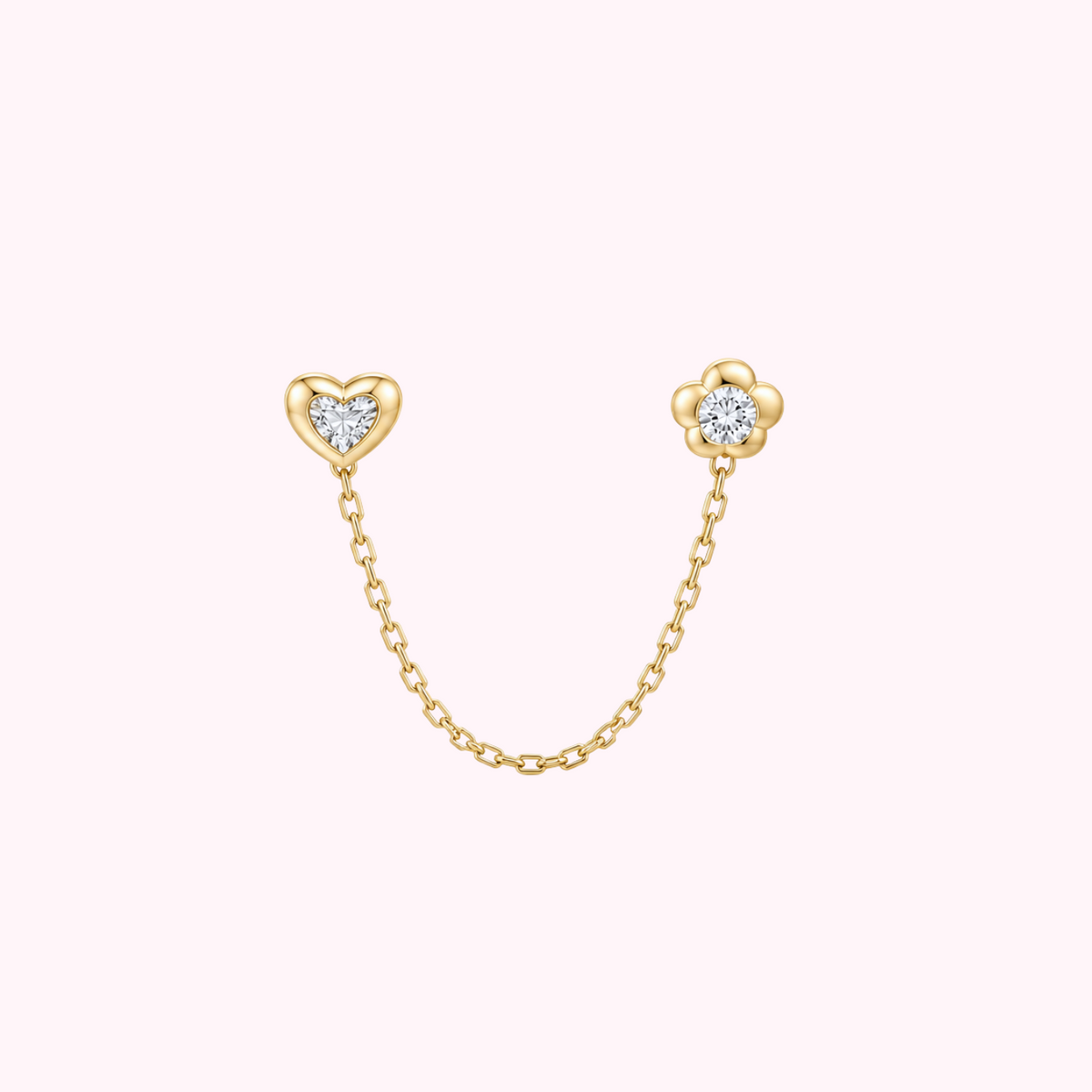 14K Solid Gold Heart & Flower Double Stud Earrings