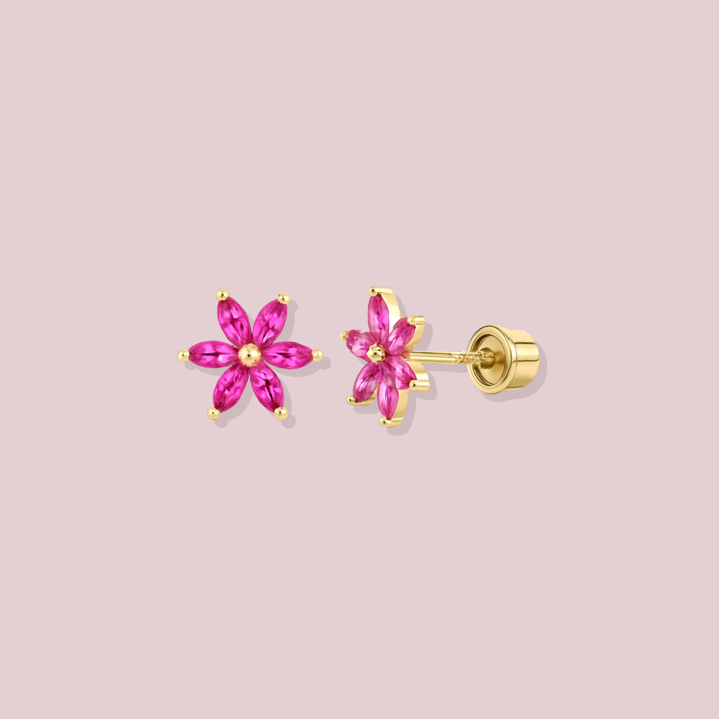14K Solid Gold Pink Flower Stud Earrings.